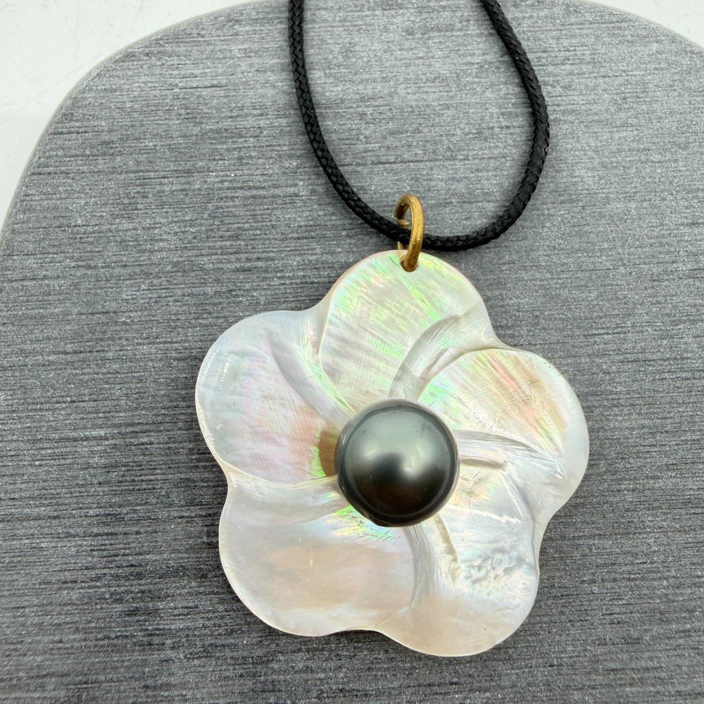 Mother of Pearl Flower Pendant Necklace Black Faux Pearl Cord Statement Gift